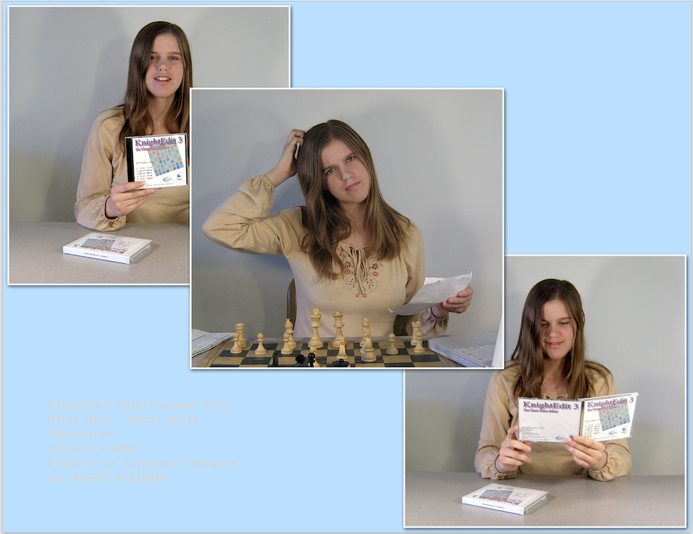 Marie, a model posing for the chess editor 
              KnightEdit for Carpenter Software, Jan 5 2006